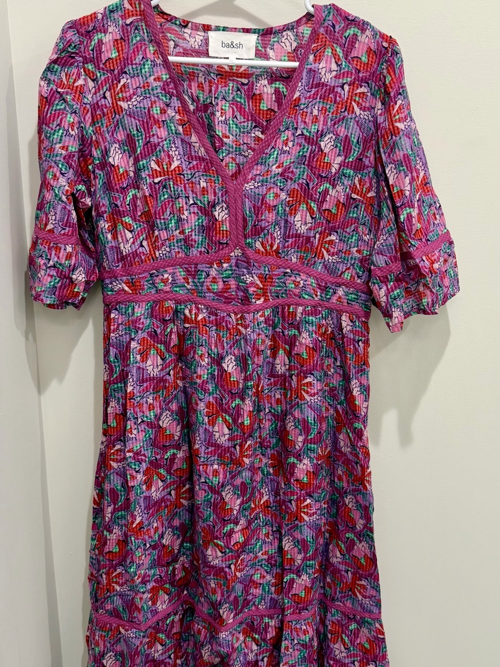 ba&sh Floral Print V-Neck Midi Dress Purple Pink Green Size 3 (medium)